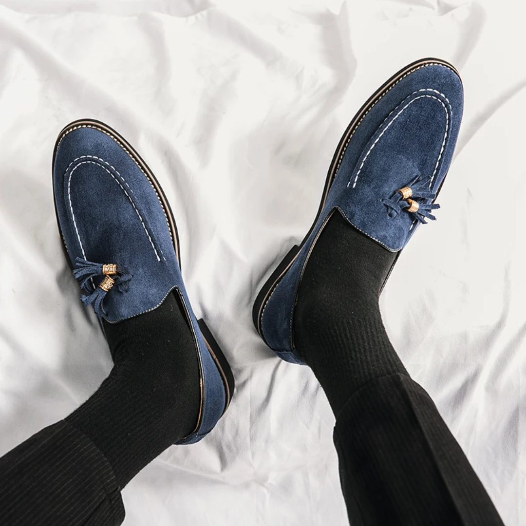 Contrast Stitch Suede Loafers with Metallic Gold-Tone Tassels and Low Block Heel