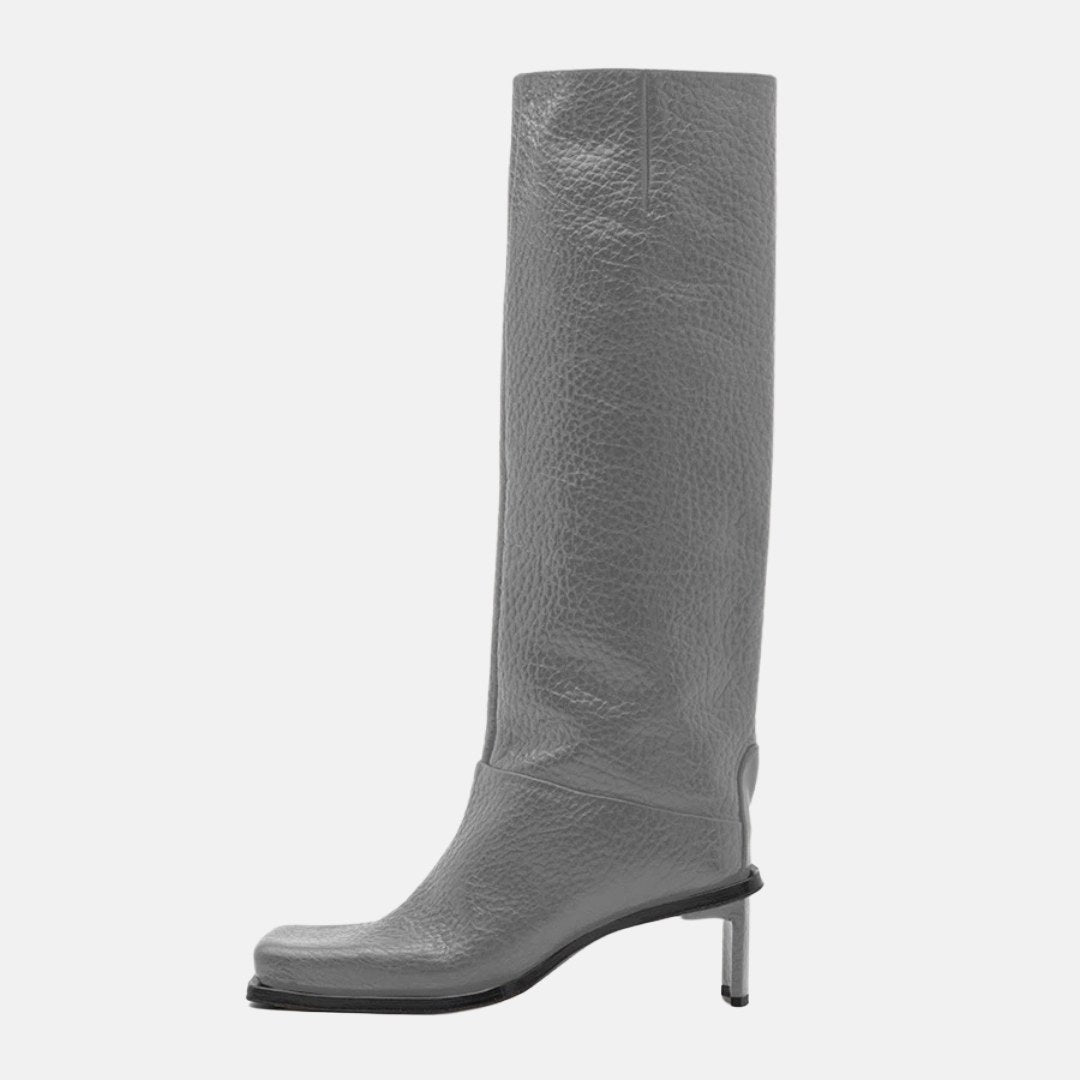 Knee-High High-Heel Leather Boots with Square Toe