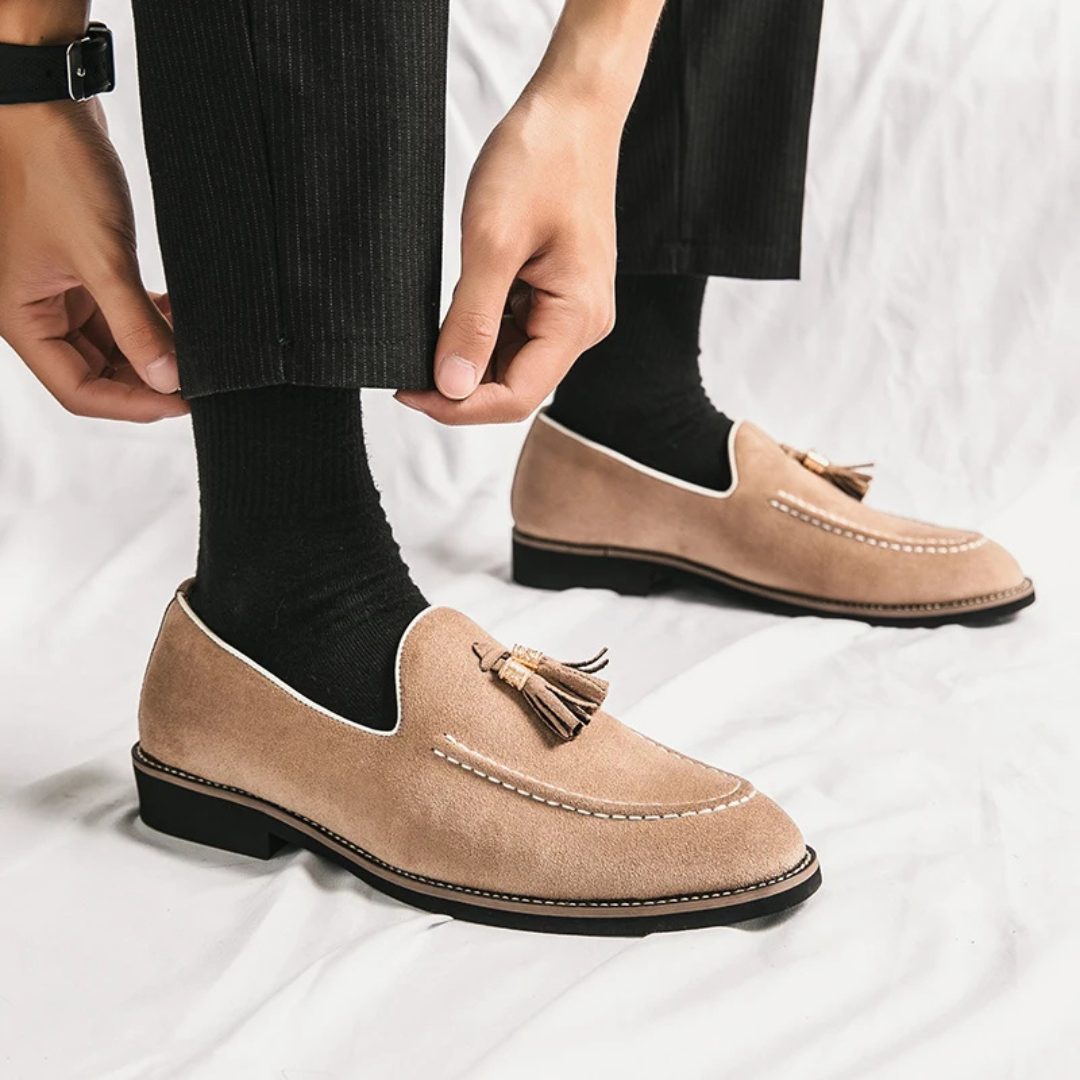 Contrast Stitch Suede Loafers with Metallic Gold-Tone Tassels and Low Block Heel