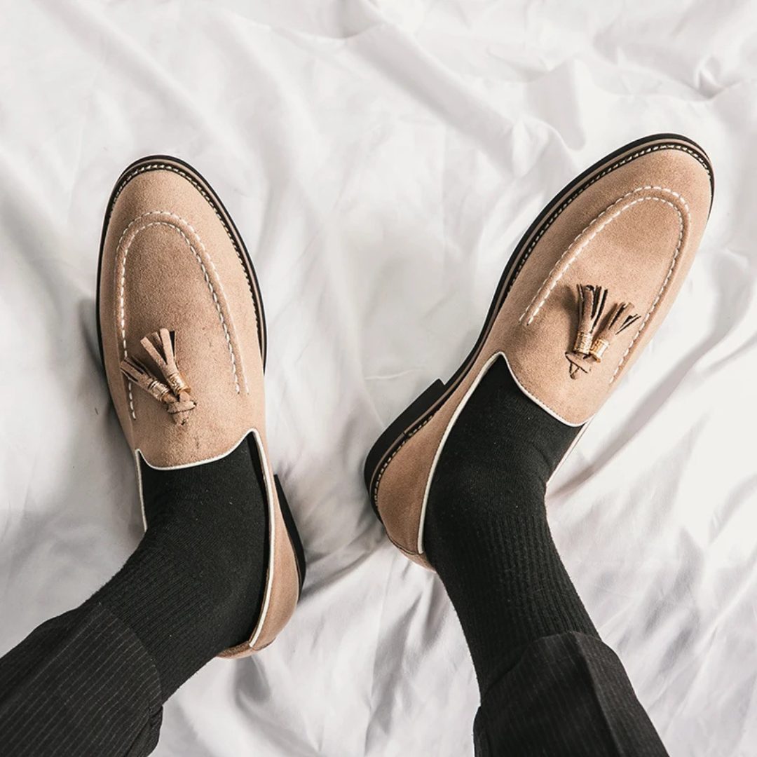 Contrast Stitch Suede Loafers with Metallic Gold-Tone Tassels and Low Block Heel