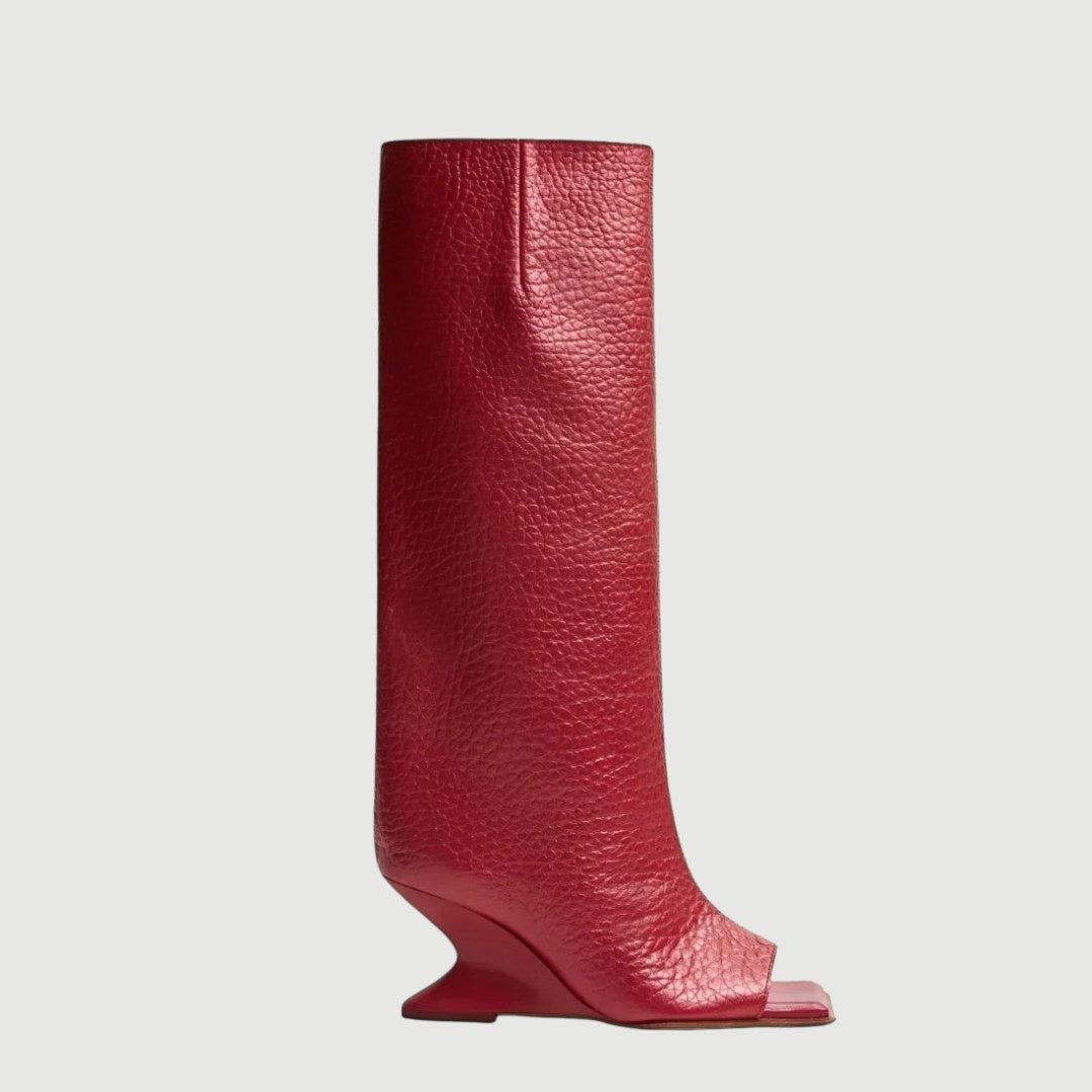 Leather Open-Toe Knee Boots with Sculpted Wedge Heel