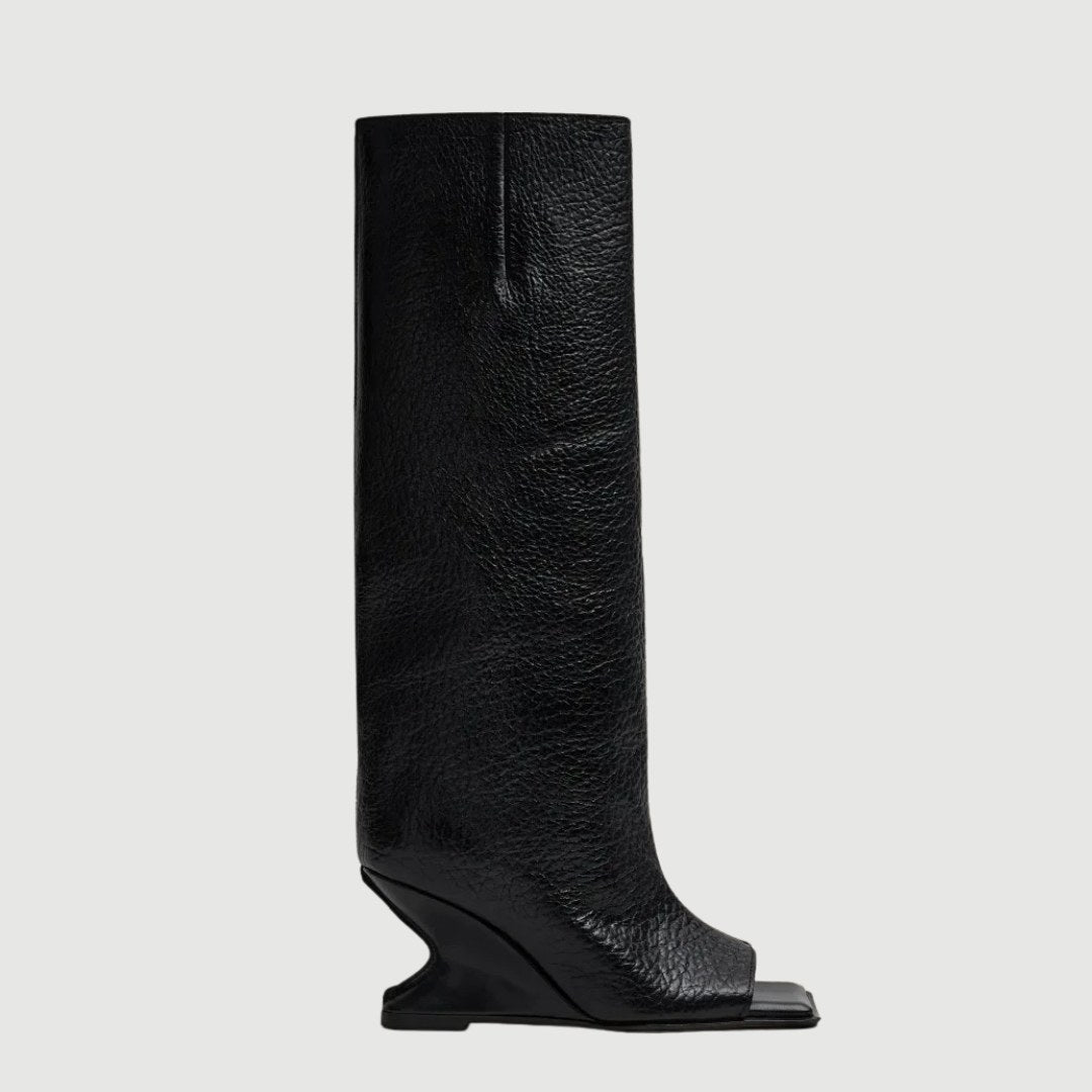 Leather Open-Toe Knee Boots with Sculpted Wedge Heel