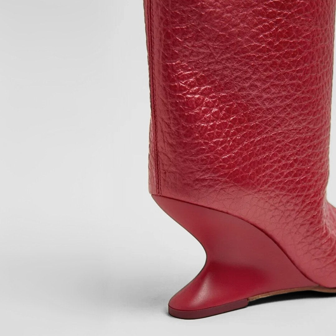 Leather Open-Toe Knee Boots with Sculpted Wedge Heel