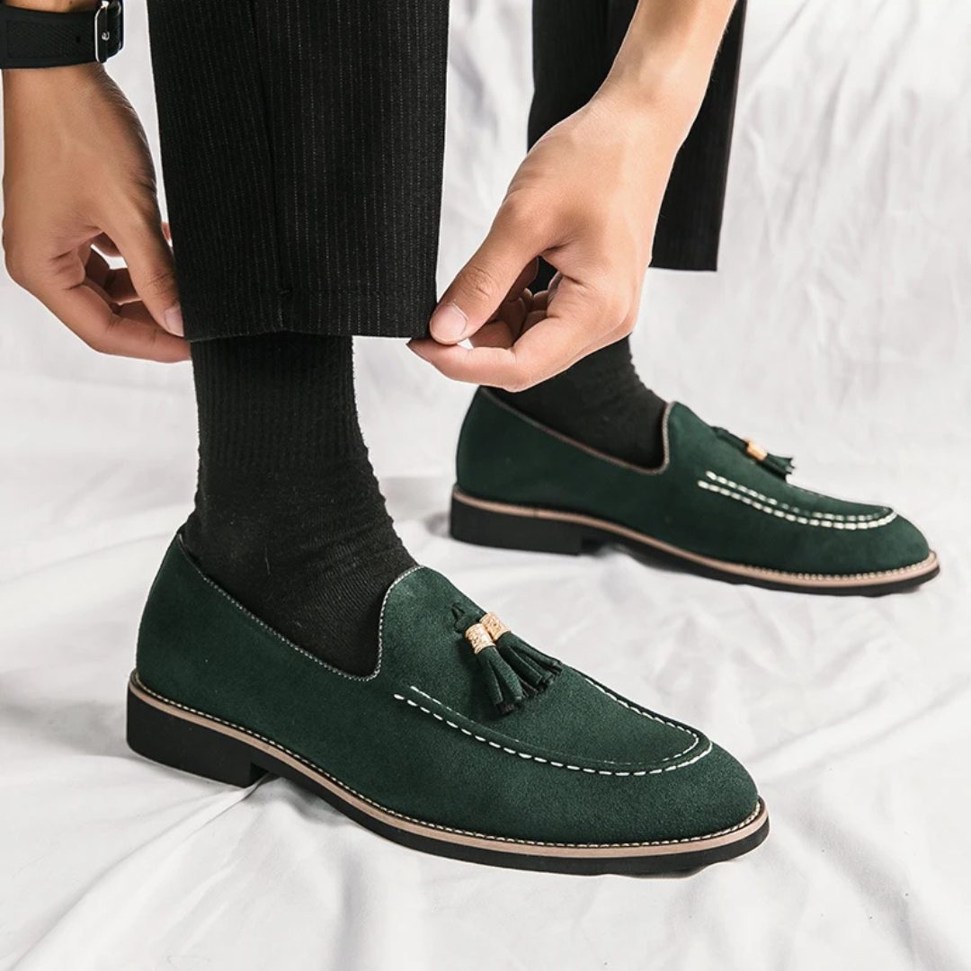 Contrast Stitch Suede Loafers with Metallic Gold-Tone Tassels and Low Block Heel