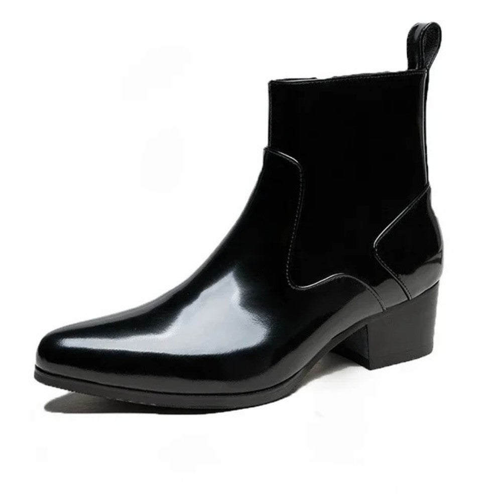 Black Patent Pointed Toe Heeled Chelsea Ankle Boots