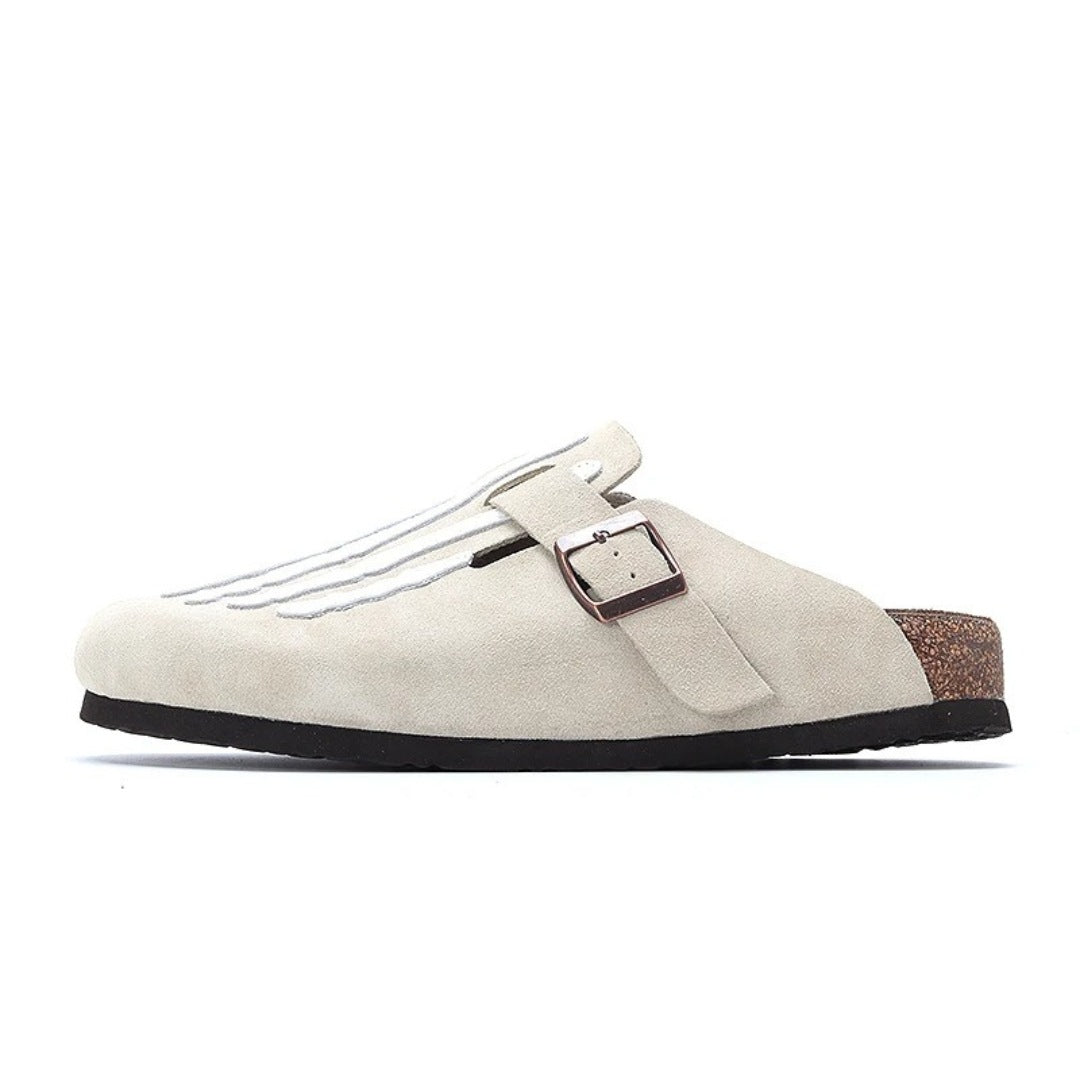 Suede Skeleton Slide Clogs with Cork Sole and Buckle Strap