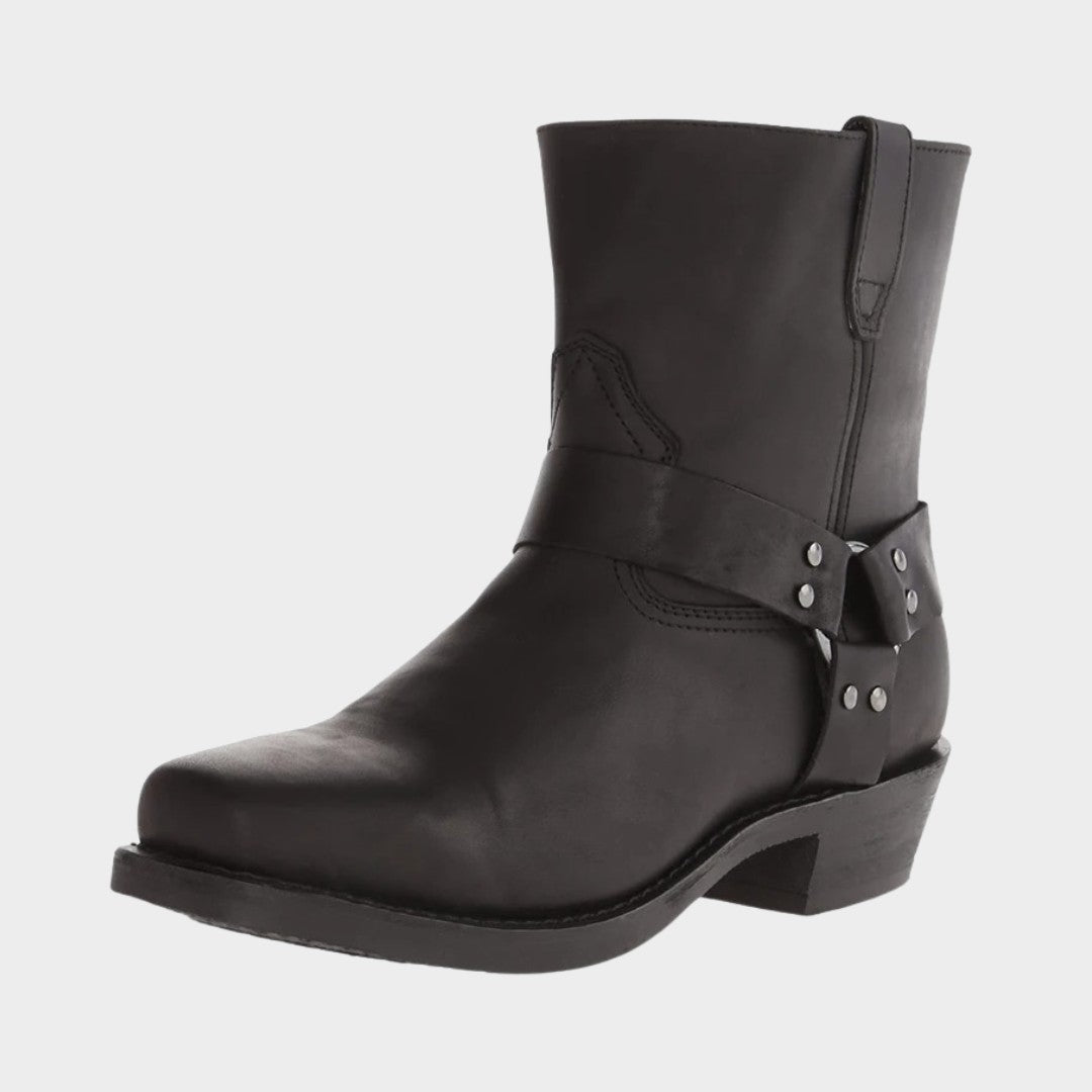 Mid-Calf Square Toe Cowboy Harness Boots with Zip Closure and Low Block Heel