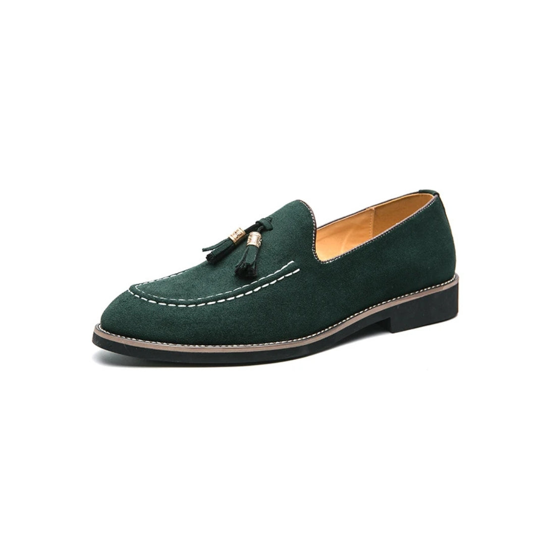 Contrast Stitch Suede Loafers with Metallic Gold-Tone Tassels and Low Block Heel