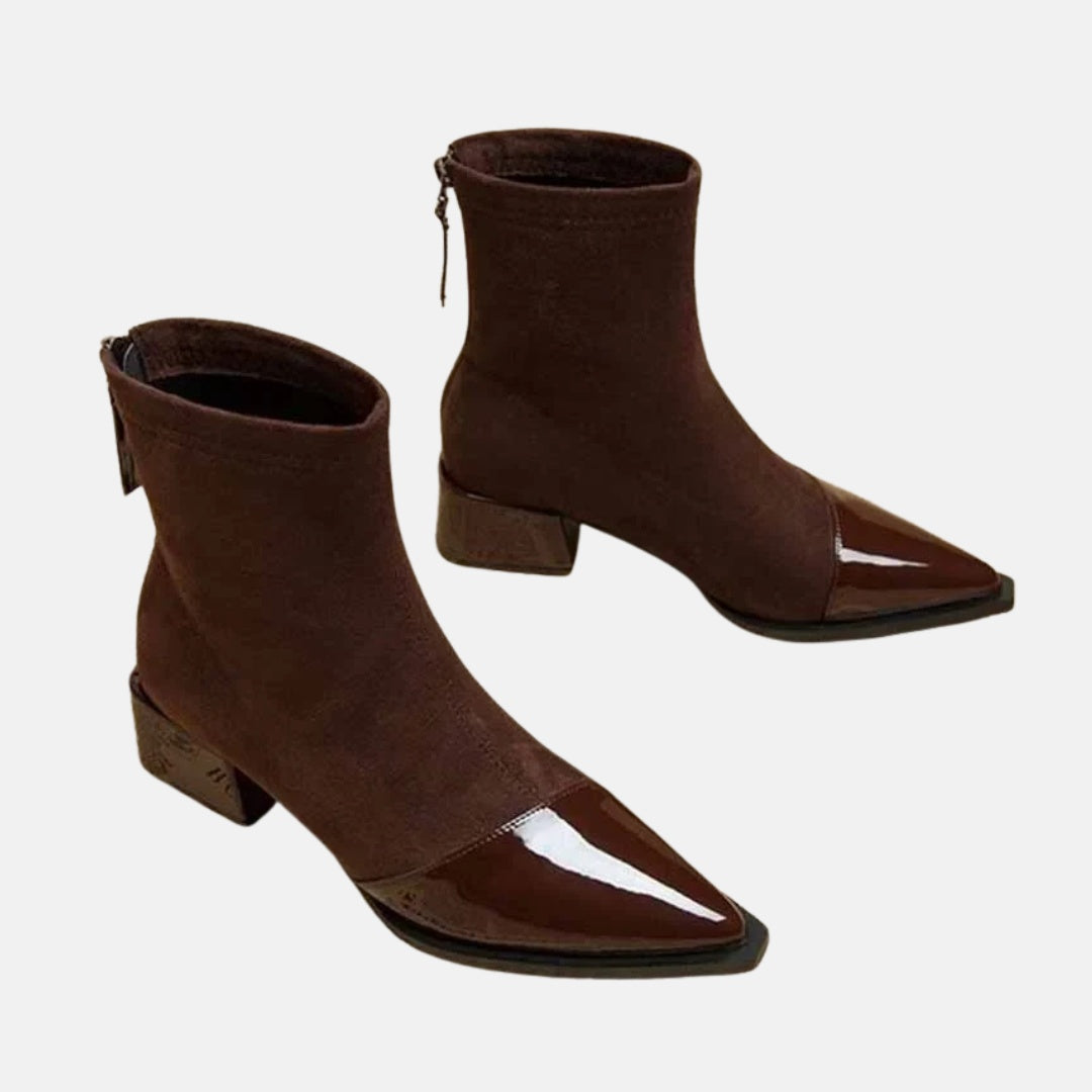 Suede Sock Ankle Boots with Mid Block Heel and Pointed Gloss Toe