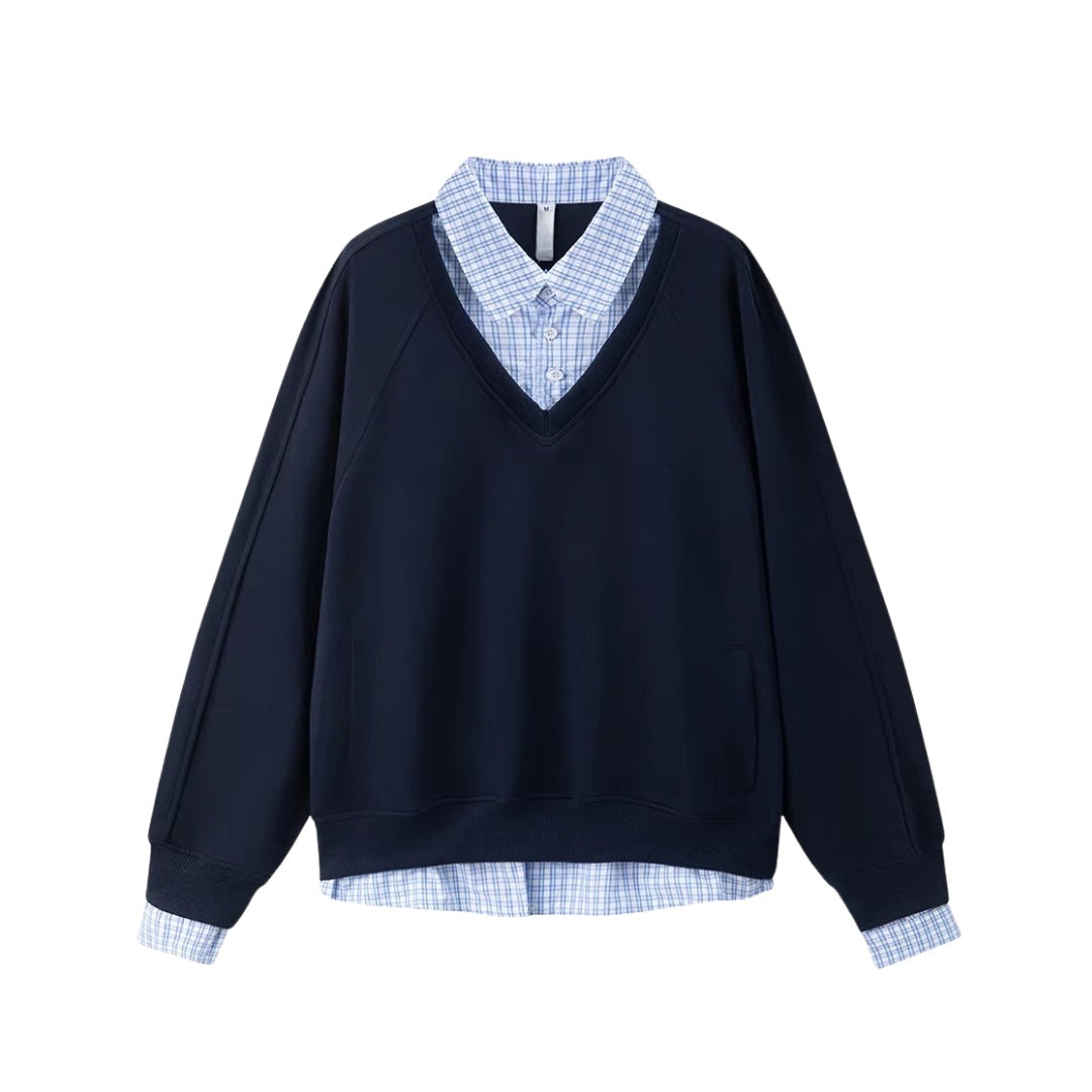 Blue Double-Layer Patchwork Sweatshirt