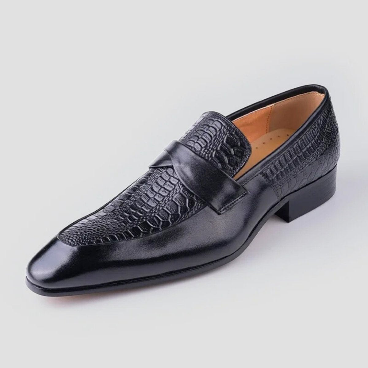 Black Crocodile-Embossed Leather Loafers