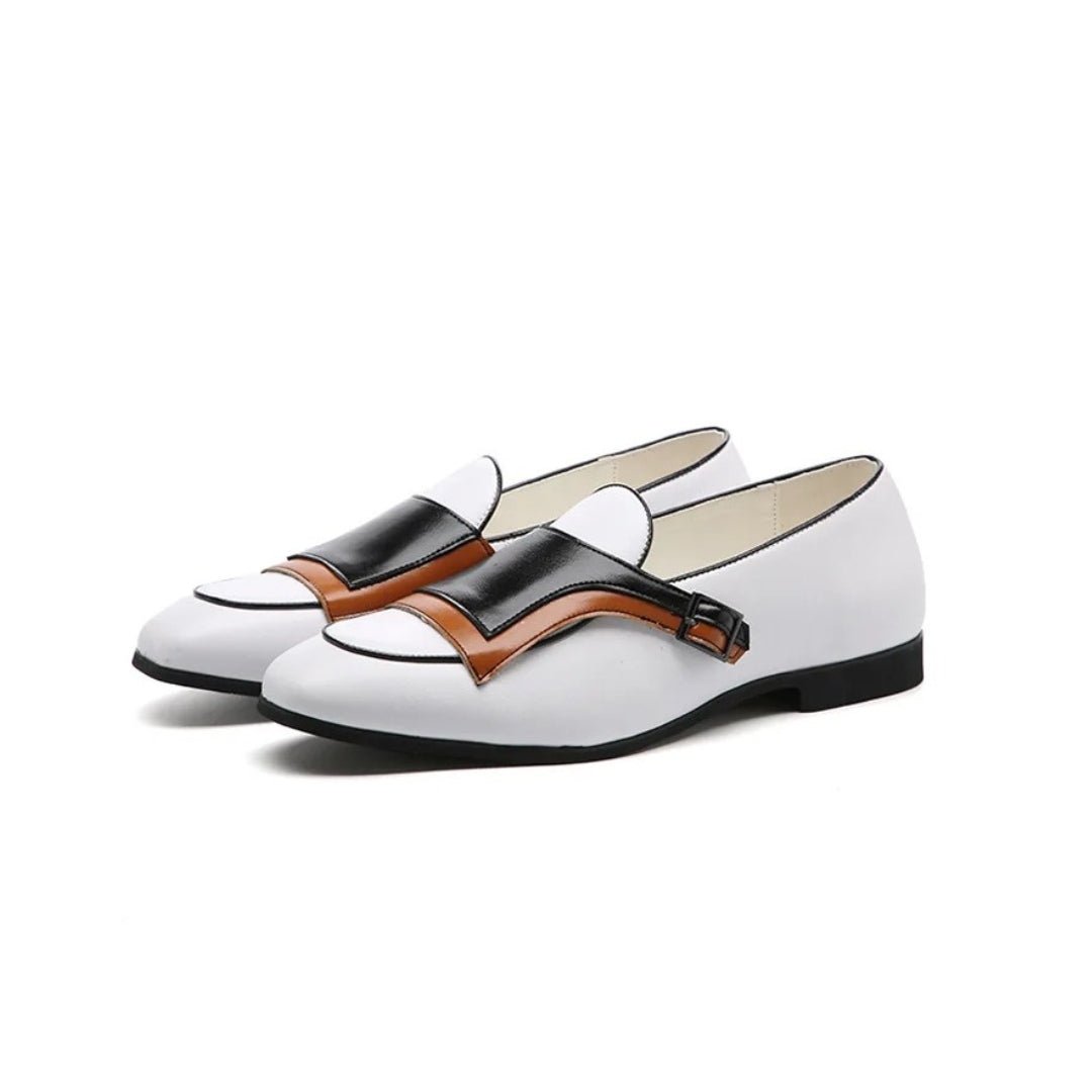 Colourblock Monk Strap Loafers with Pointed Toe and Buckle Detail