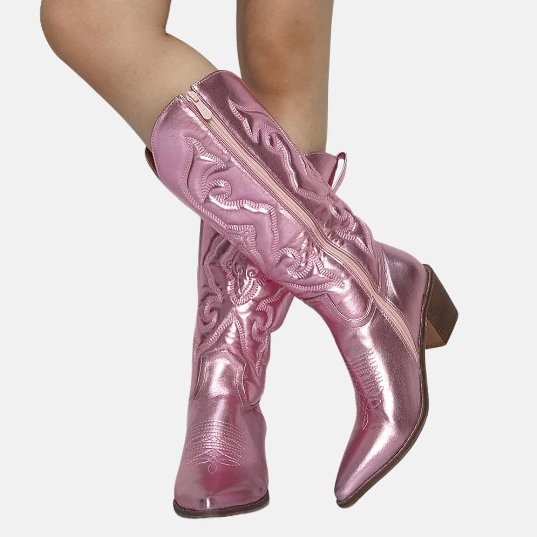 Metallic Finish Embroidered Mid-Calf Western Cowboy Boots