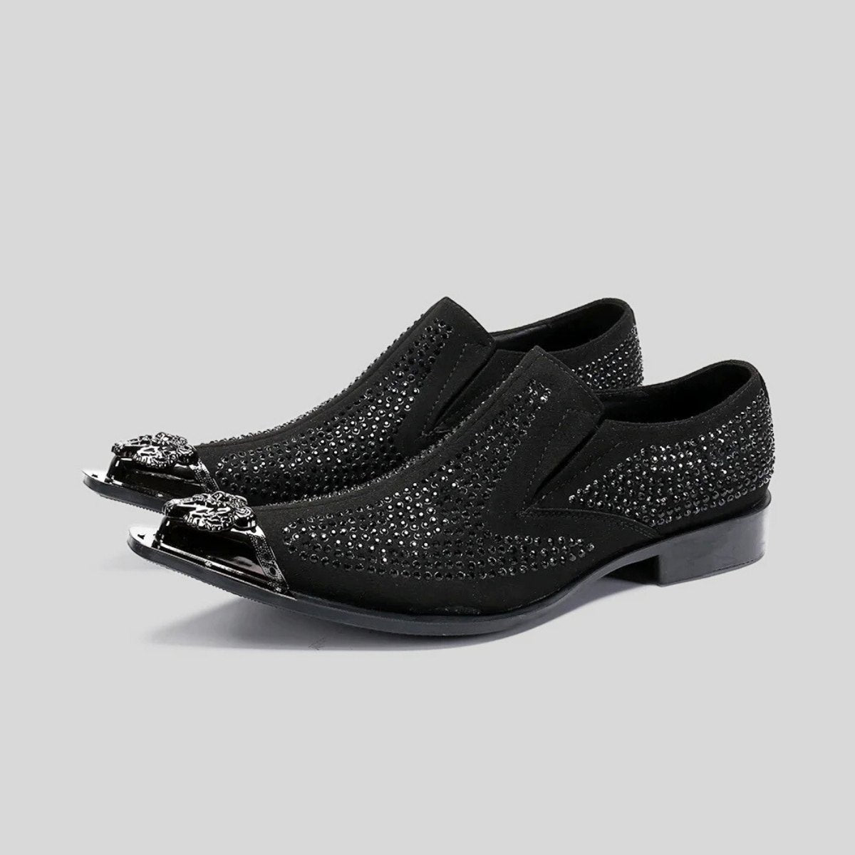 Rhinestone Slip-On Loafers with Metal Crest Toe