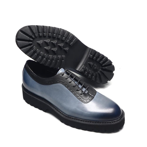 Black Blue Gradient Leather Oxford Dress Shoes with Elevated Heel
