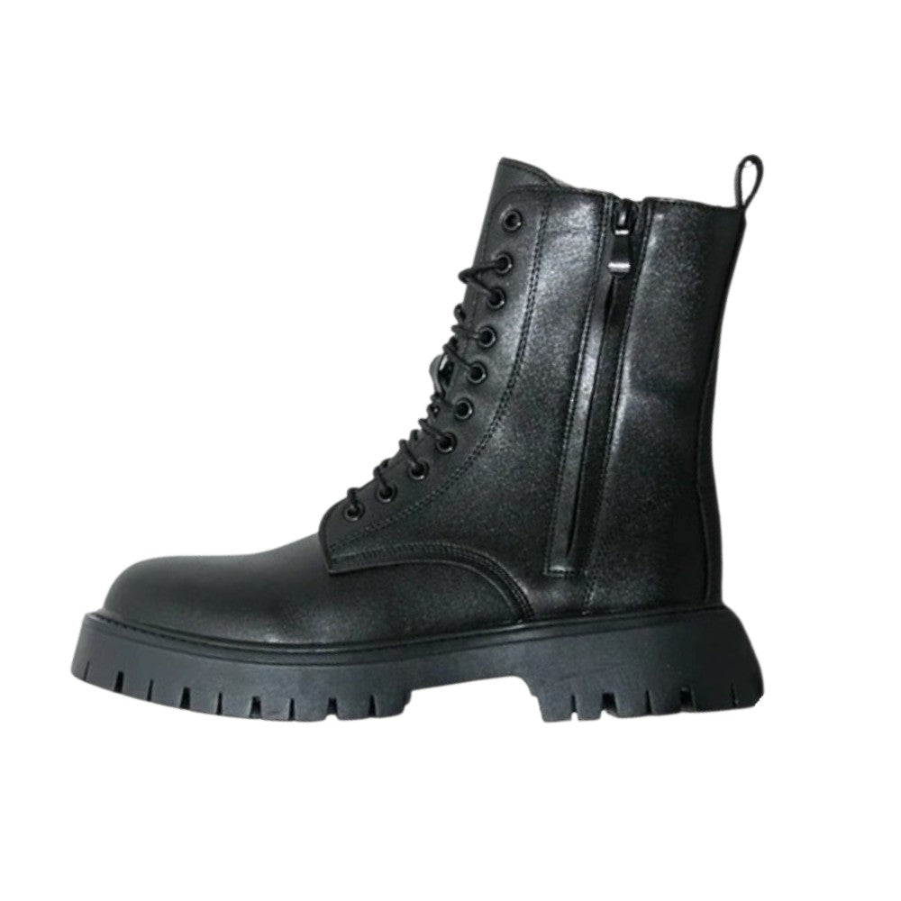 Leather Lace-Up Ankle Boots with Side Zipper and Platform Sole