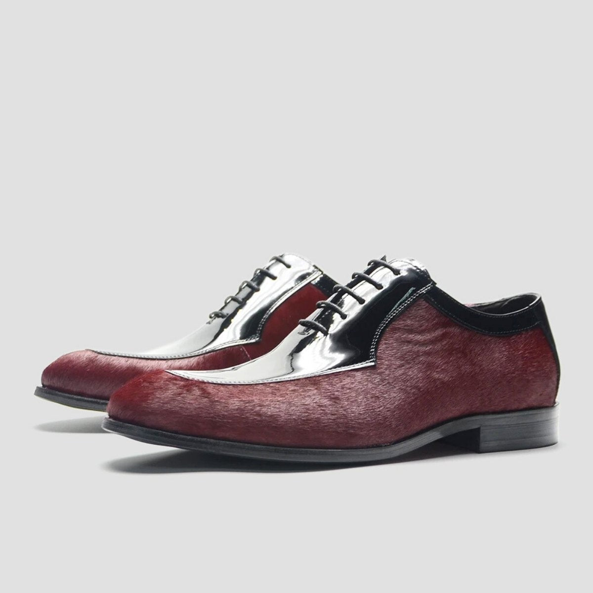 Wine Red Calf Hair Derby Shoes with Patent Leather Trim
