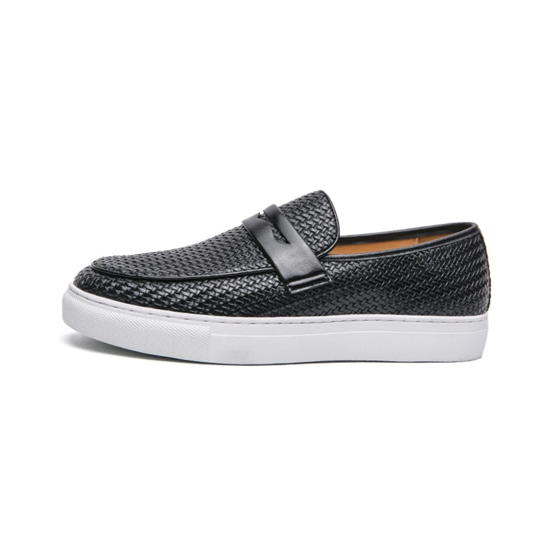 Leather Penny Loafer Style with Weave Knit Pattern