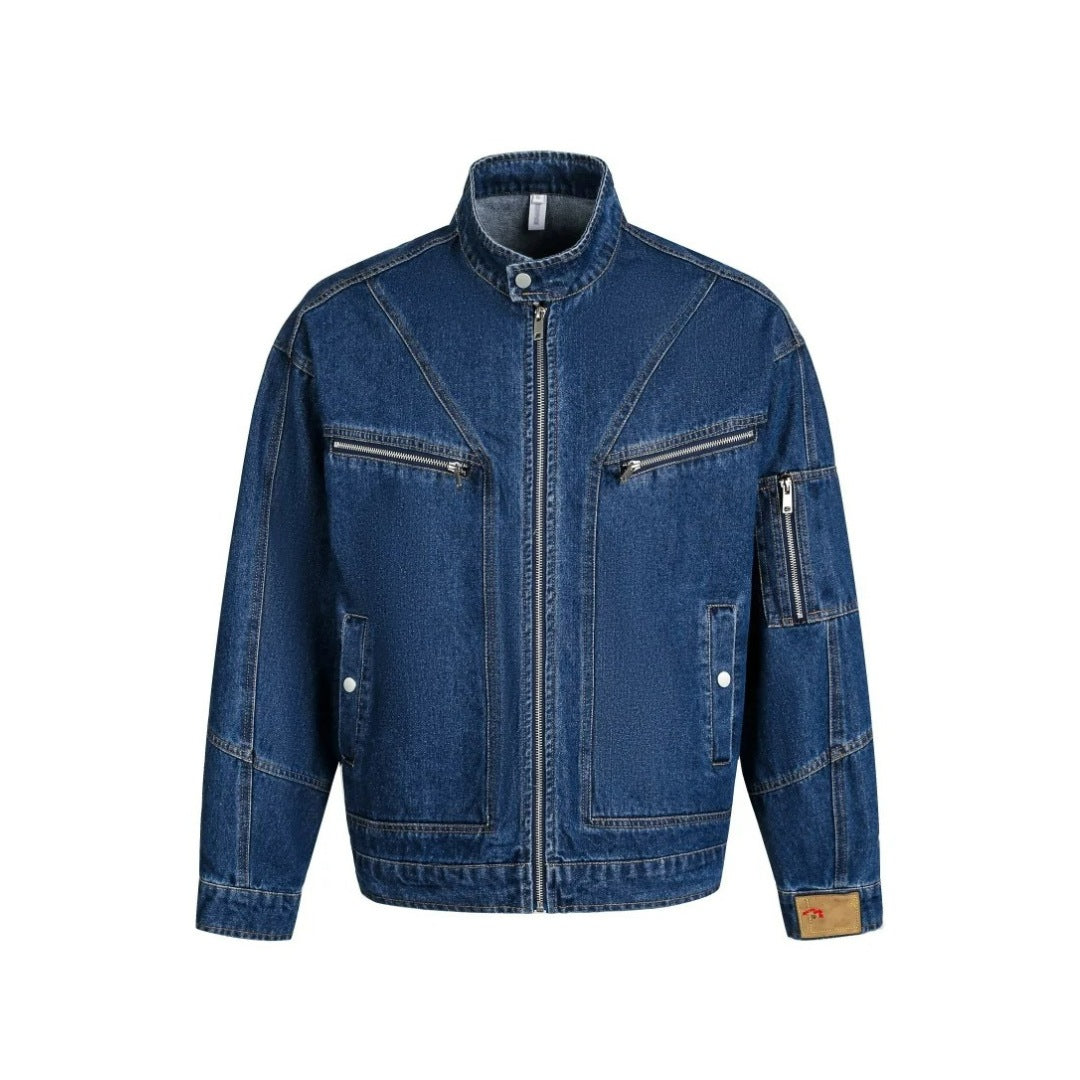 Blue Denim Stand Collar Denim Jacket