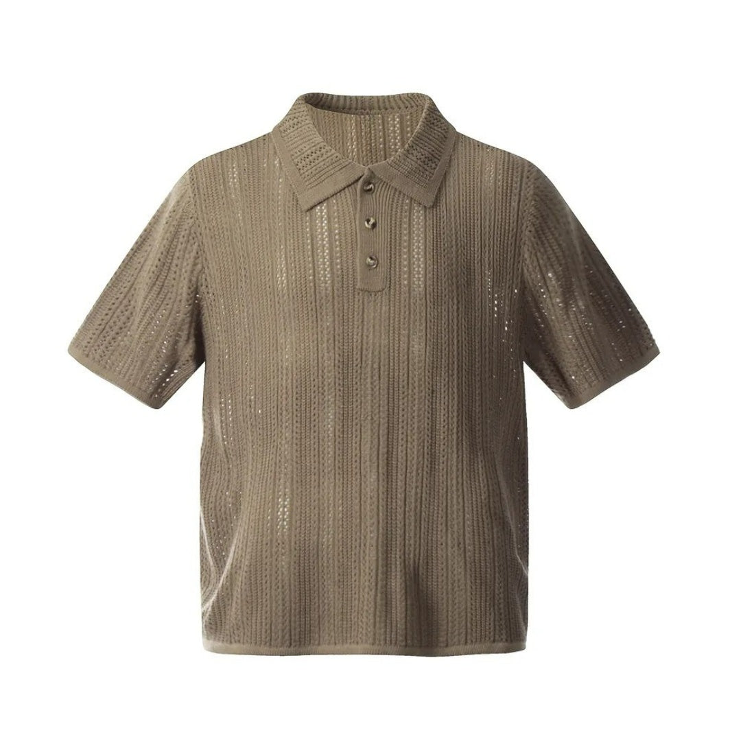 Short-Sleeve Crochet Knit Polo Shirt