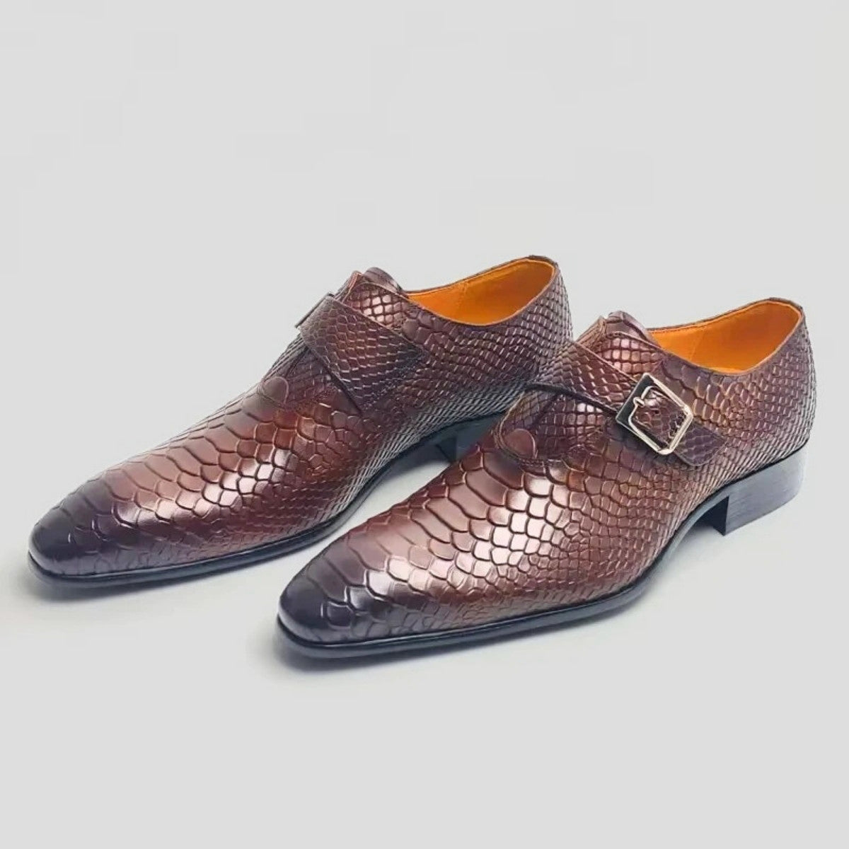 Brown Snake-Pattern Monk Strap Dress Shoes