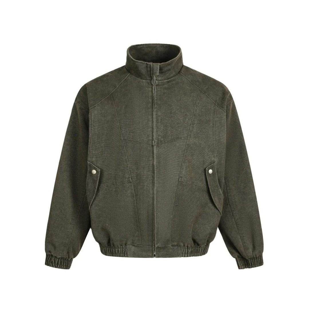Washed Denim Stand Collar Jacket with Panel Detailing