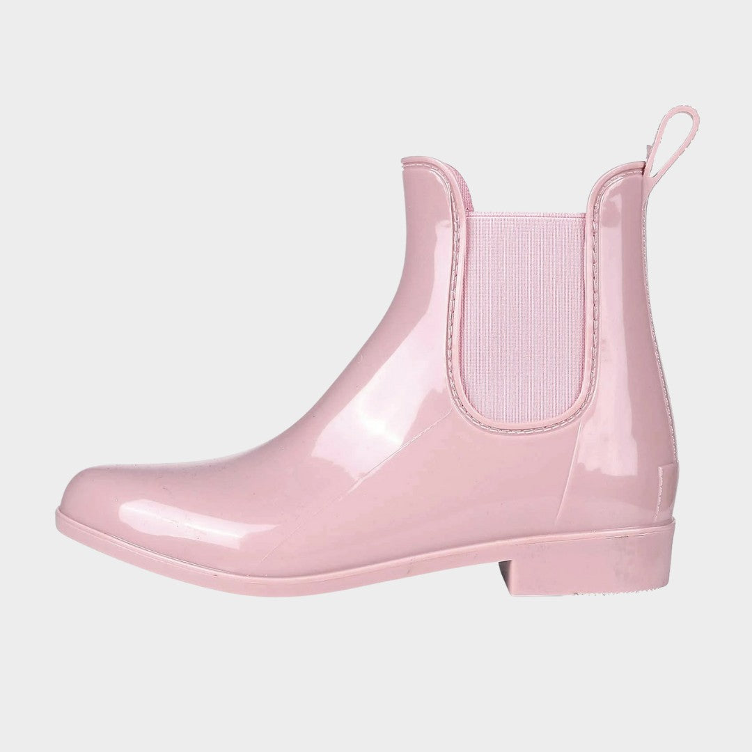 Glossy Waterproof Chelsea Ankle Rain Boots with Low Heel and Pointed Toe