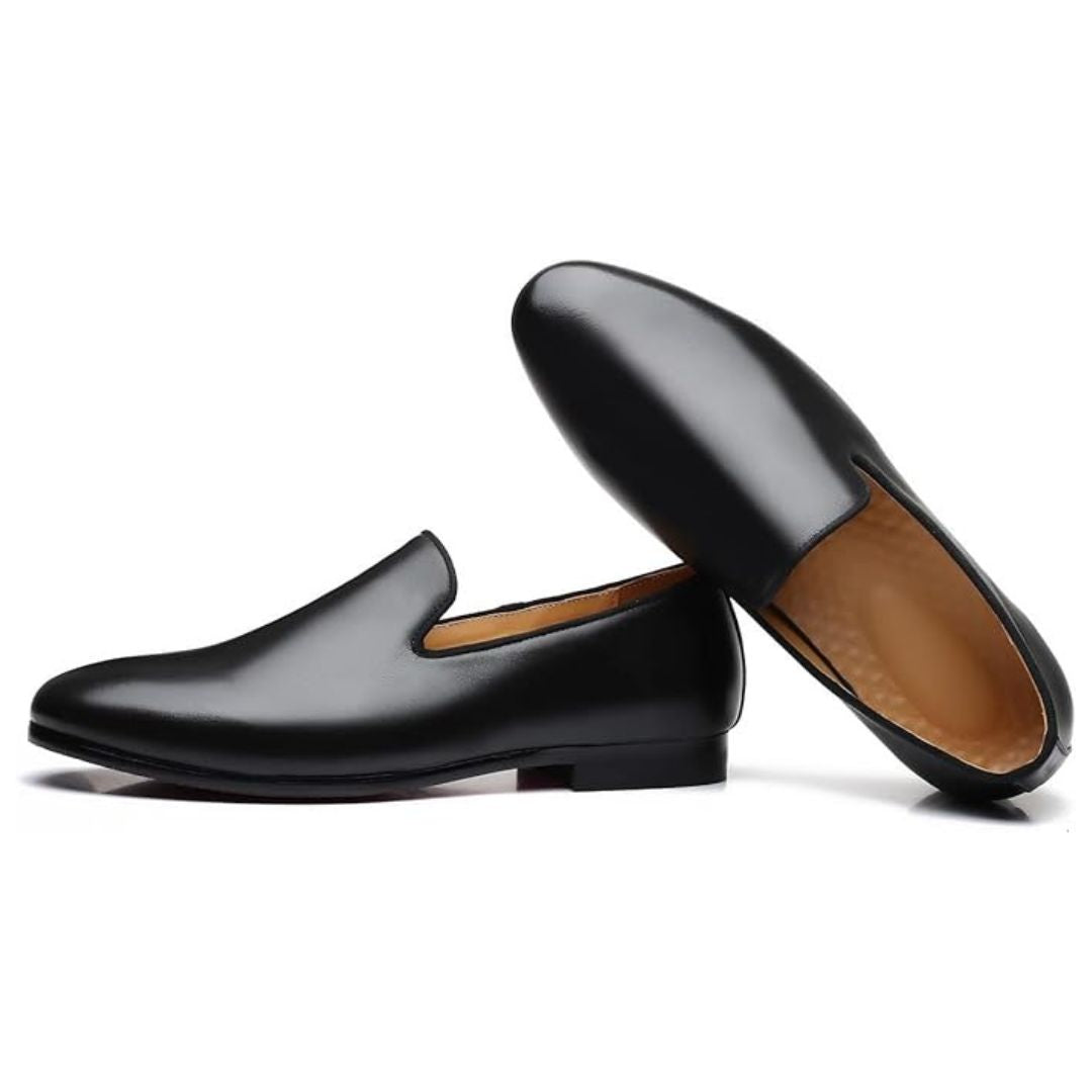 Black Polished Minimalistic Leather Slip-On Loafers