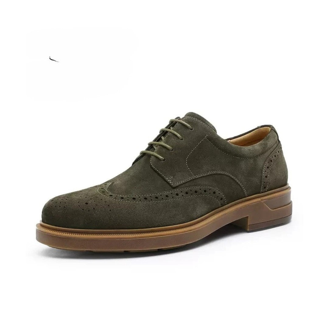 Brogue Suede Leather Derby Dress Shoes With Raised Sole and Block Heel