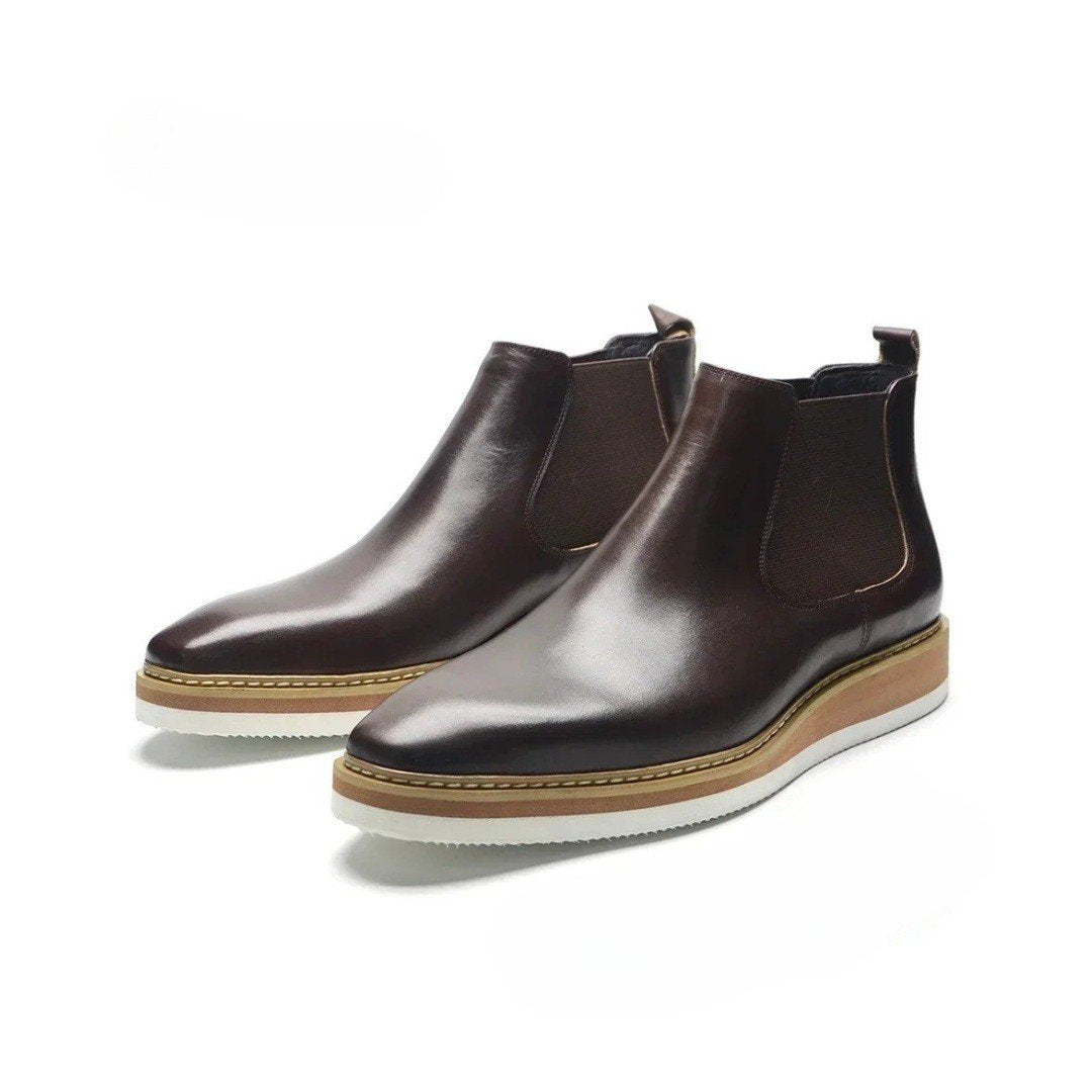 Leather Smart Casual Chelsea Ankle Boots with White Wedge Platform Sole