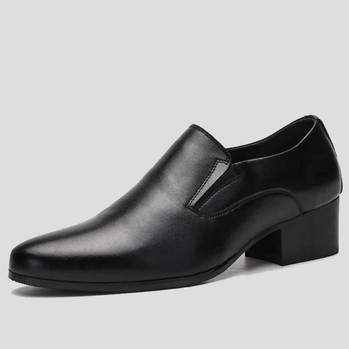 Black Polished-Leather Dress Shoes With Elevated Heel