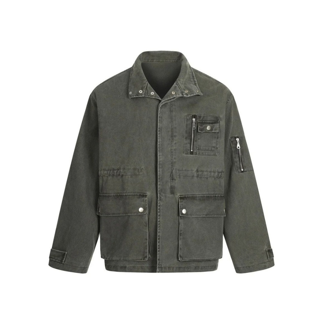Washed Workwear Jacket With Stand Collar and Oversized Pockets