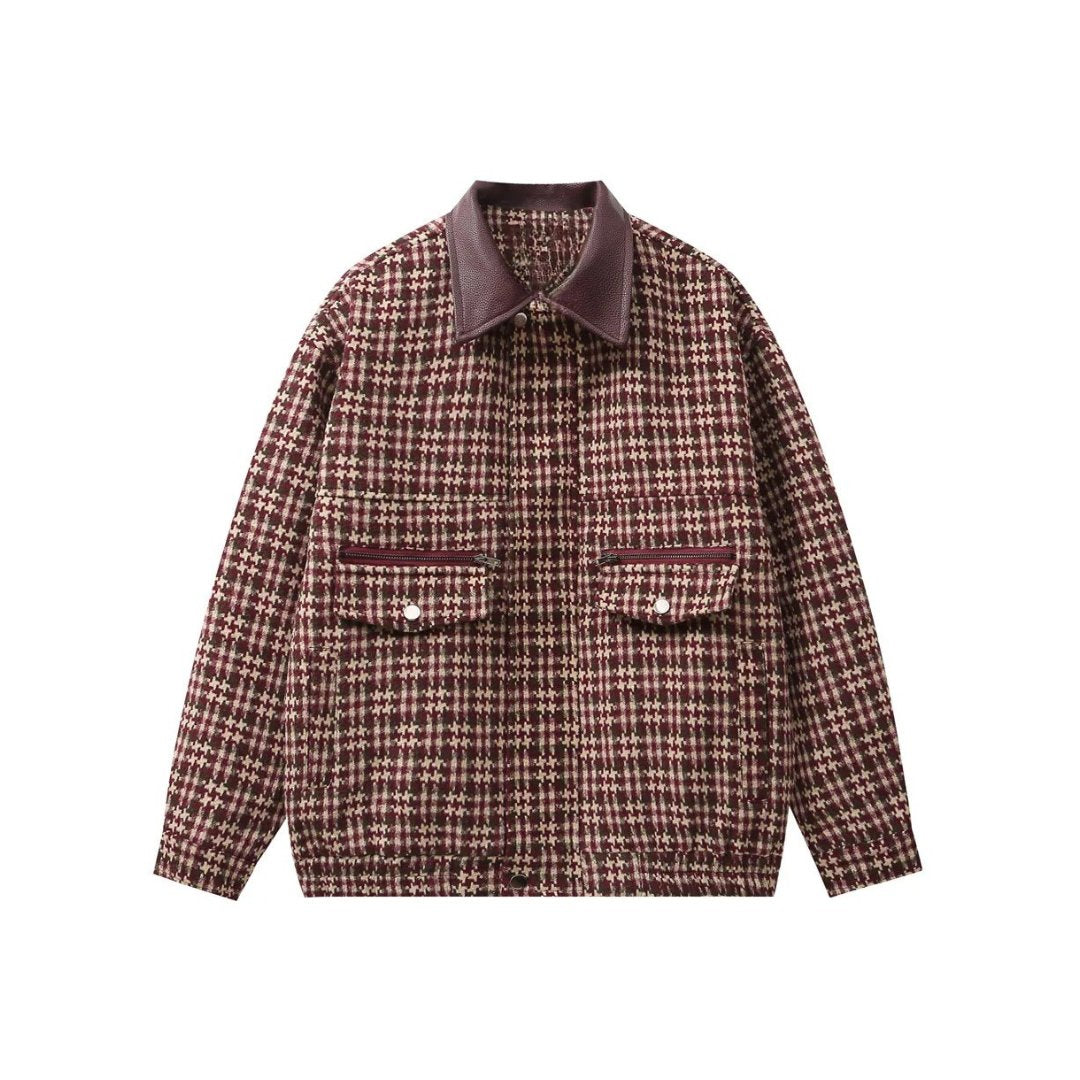 Plaid-Pattern Mid-length Jacket with Leather Collar