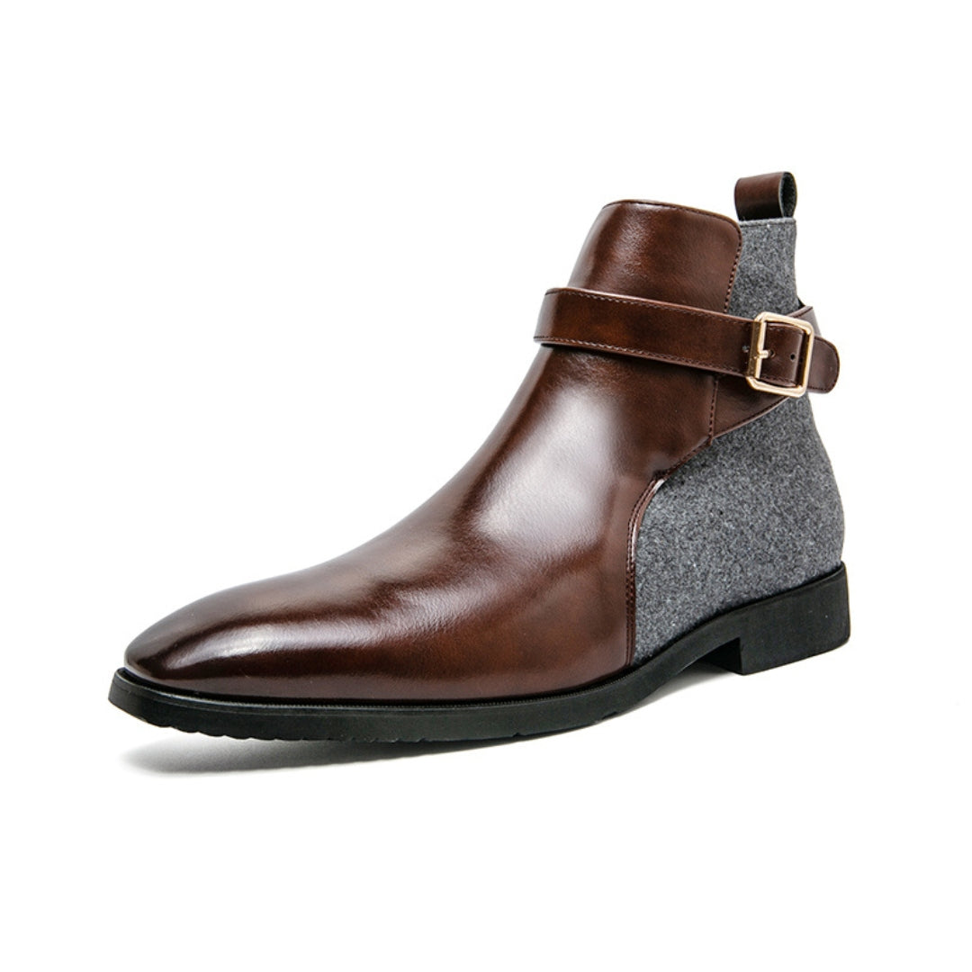 Two-Tone Chelsea Buckle Jodhpur Ankle Boots with a Grey Felt Heel Panel