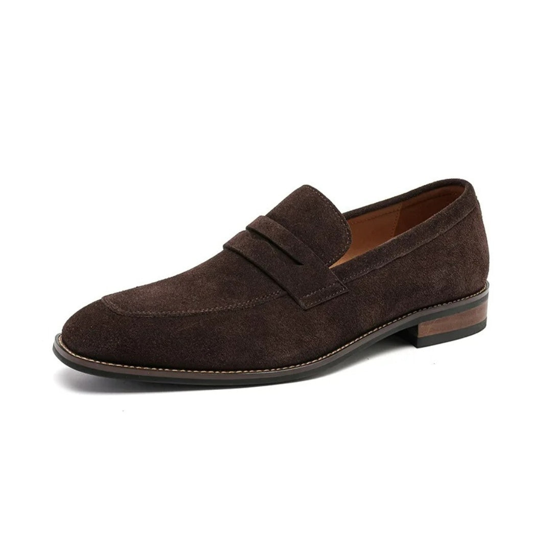 Suede Penny Business Loafers with Low Block Heel