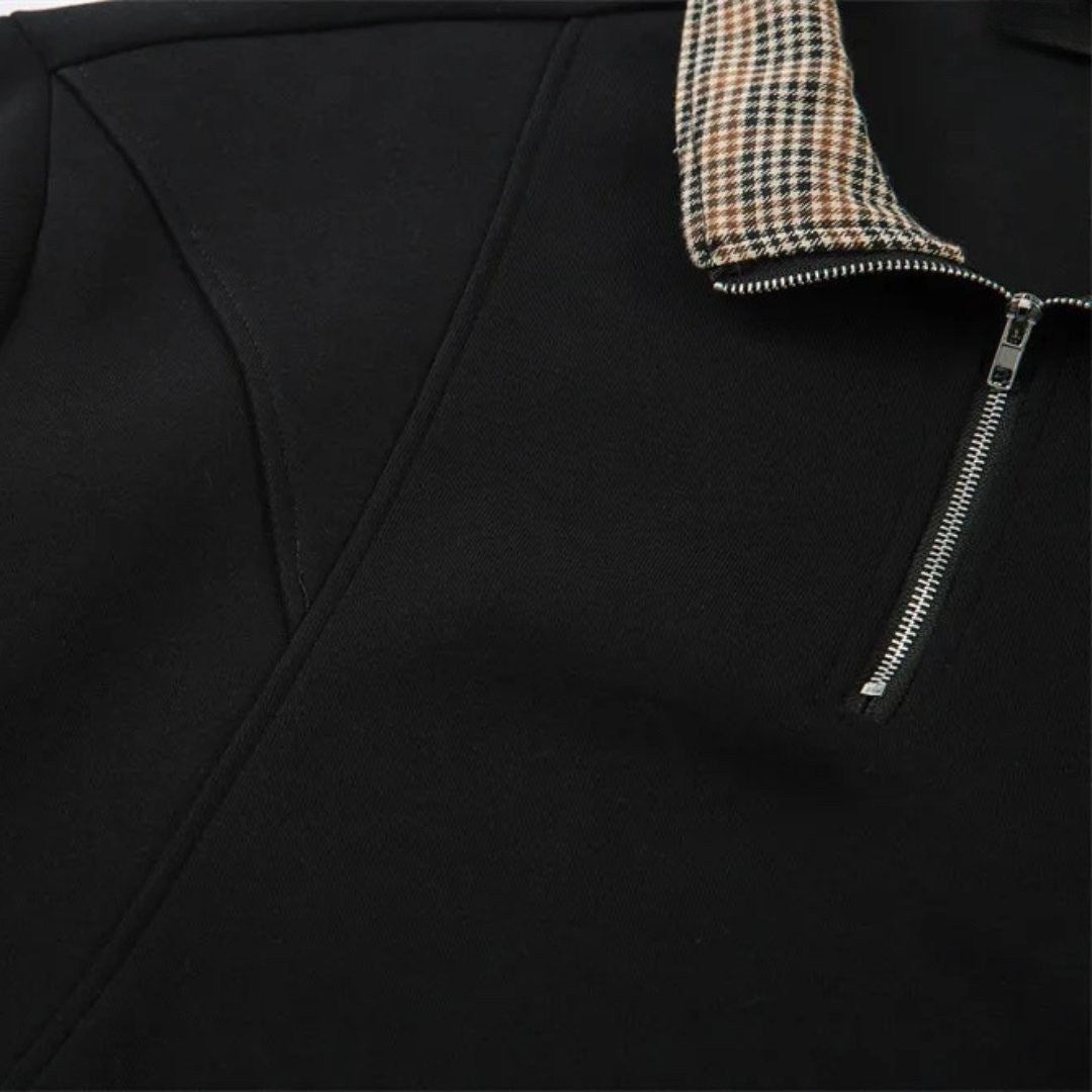 Black Long Sleeve Polo with Half-Zip Closure and Plaid Collar