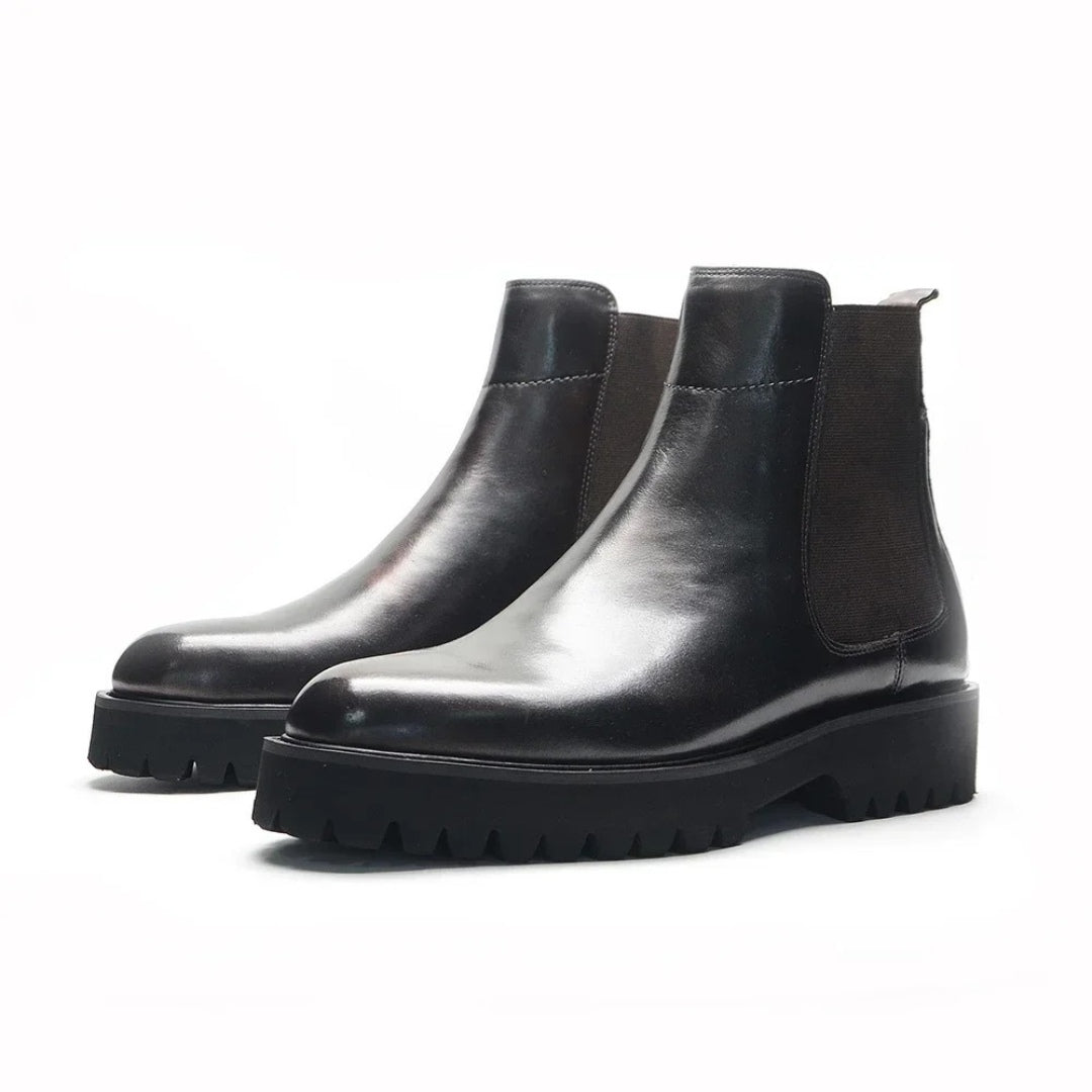 Black Mahogany Lug Sole Leather Chelsea Boots