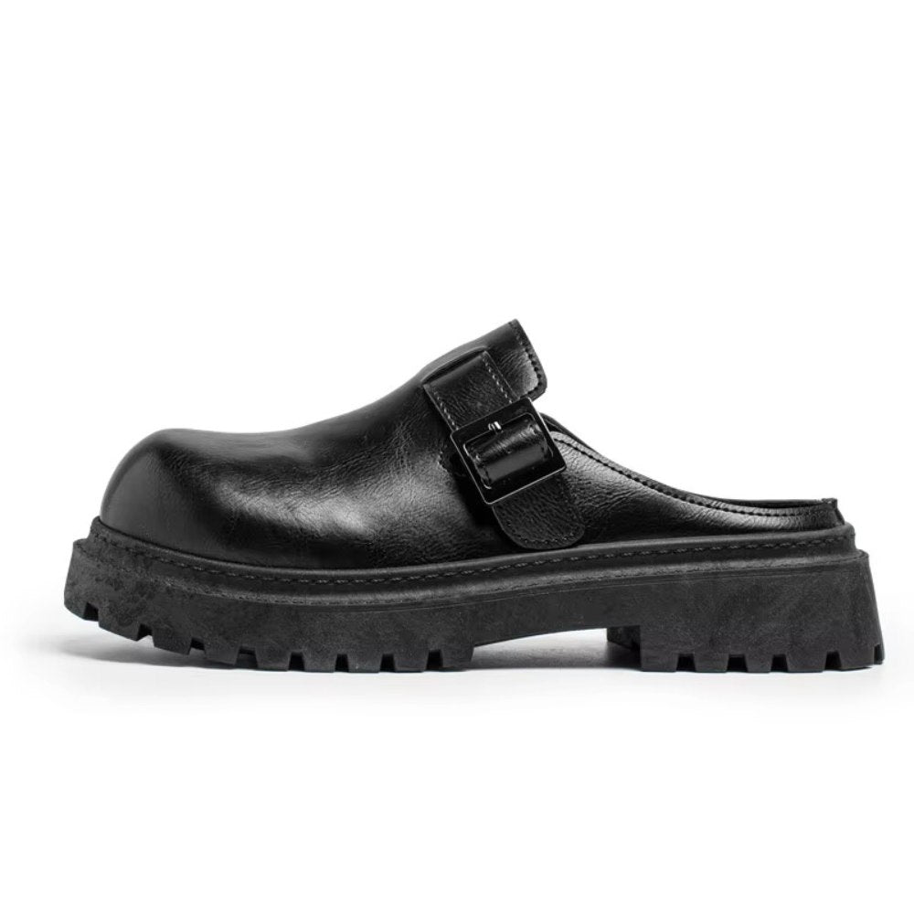Black Backless Leather Buckle Loafers with Lug Sole