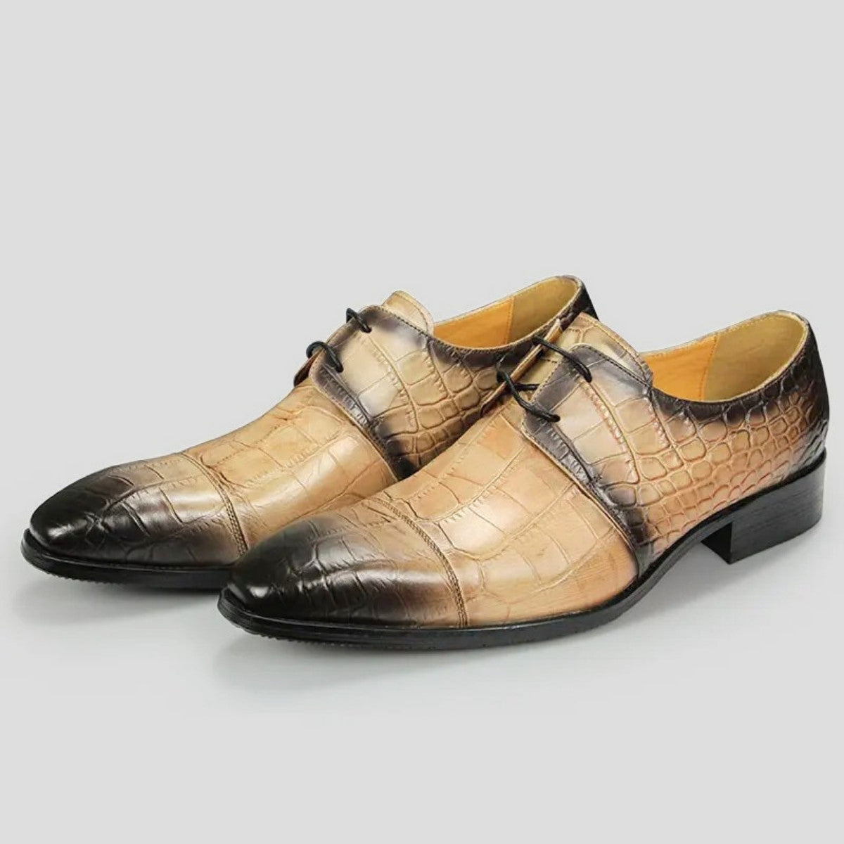Khaki Crocodile-Embossed Leather Oxford Shoes