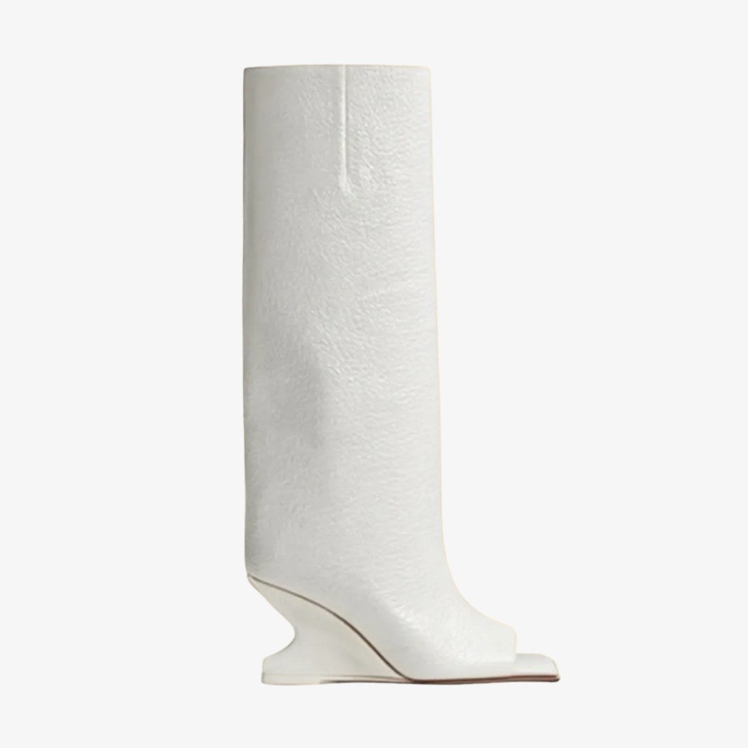 Leather Open-Toe Knee Boots with Sculpted Wedge Heel
