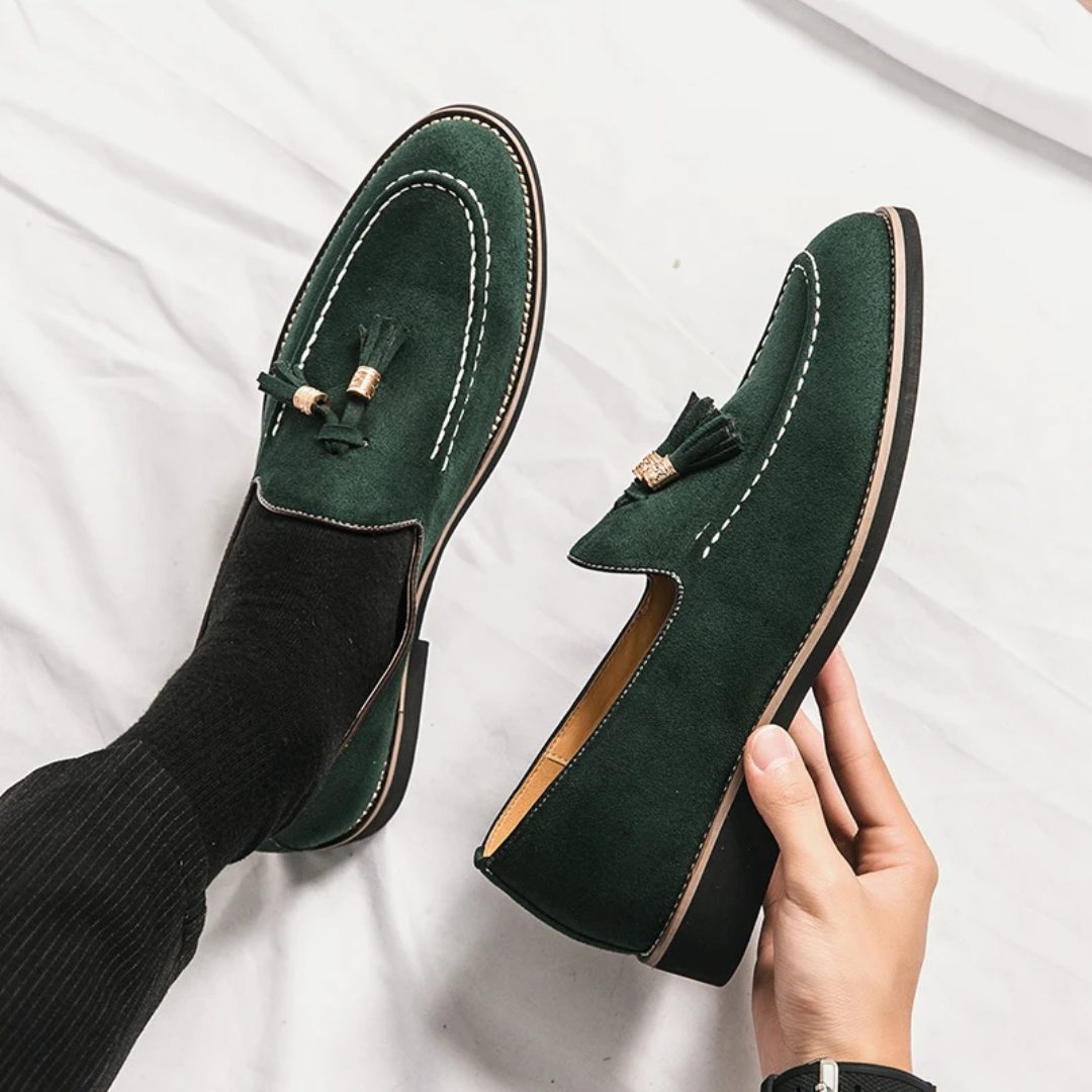 Contrast Stitch Suede Loafers with Metallic Gold-Tone Tassels and Low Block Heel