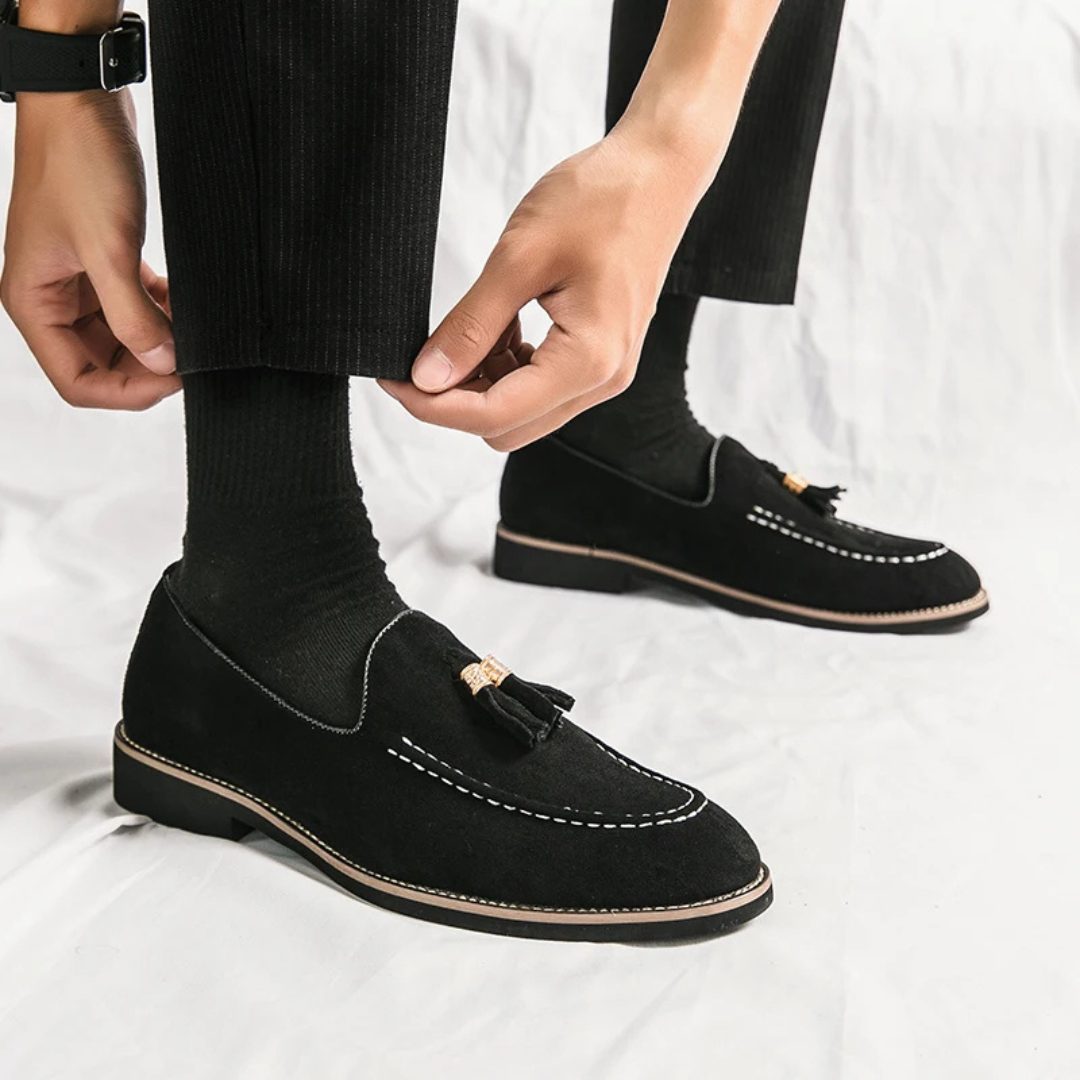 Contrast Stitch Suede Loafers with Metallic Gold-Tone Tassels and Low Block Heel