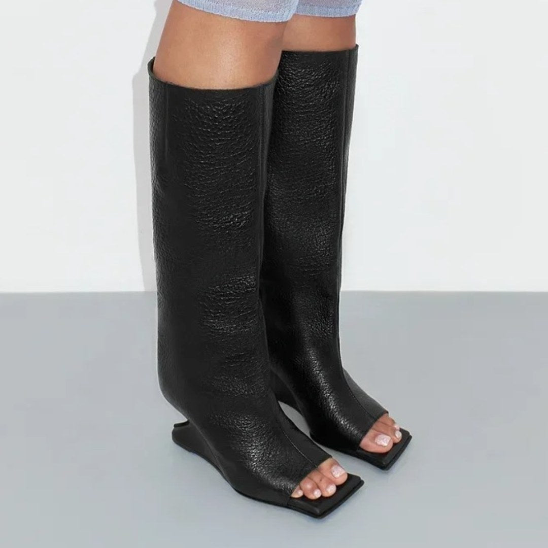 Leather Open-Toe Knee Boots with Sculpted Wedge Heel