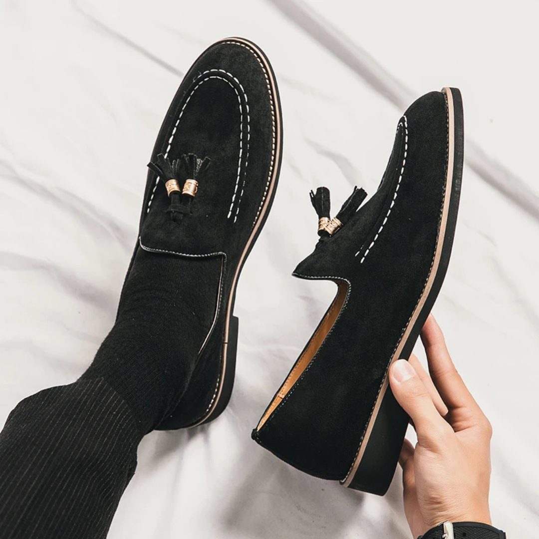 Contrast Stitch Suede Loafers with Metallic Gold-Tone Tassels and Low Block Heel