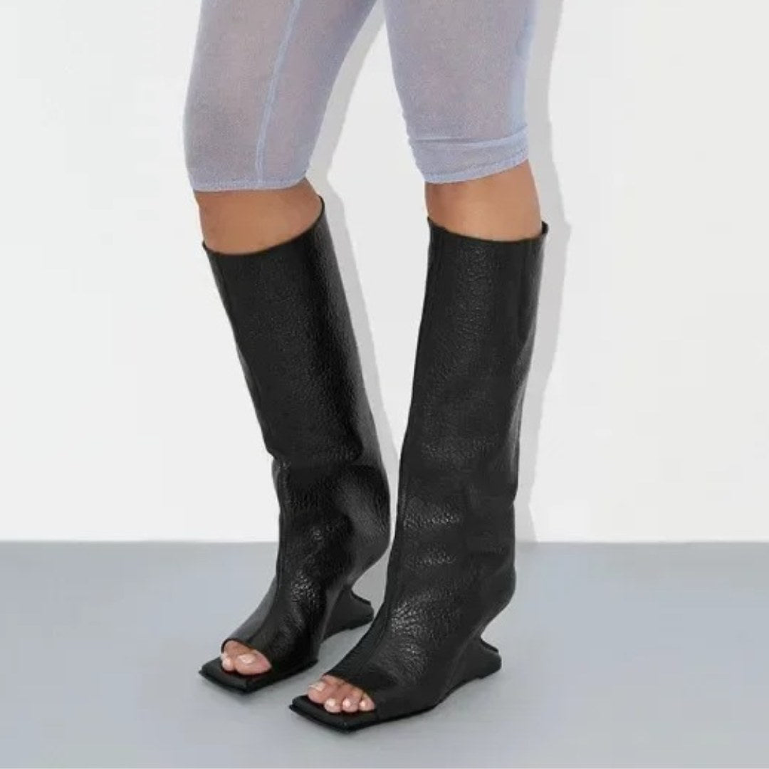 Leather Open-Toe Knee Boots with Sculpted Wedge Heel