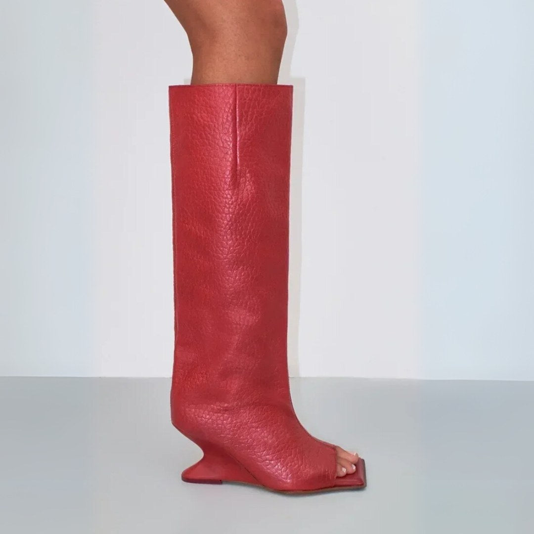 Leather Open-Toe Knee Boots with Sculpted Wedge Heel