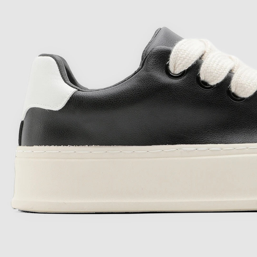 Black Leather Platform Skate Sneakers with Oversized Laces