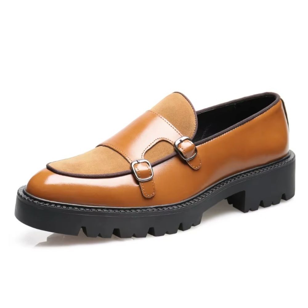 Glossy Suede Strap Chunk Sole Loafers