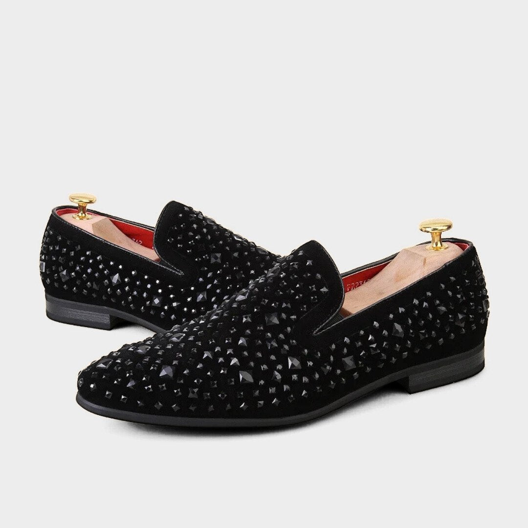 Black Suede Studded Slip-On Dress Loafers