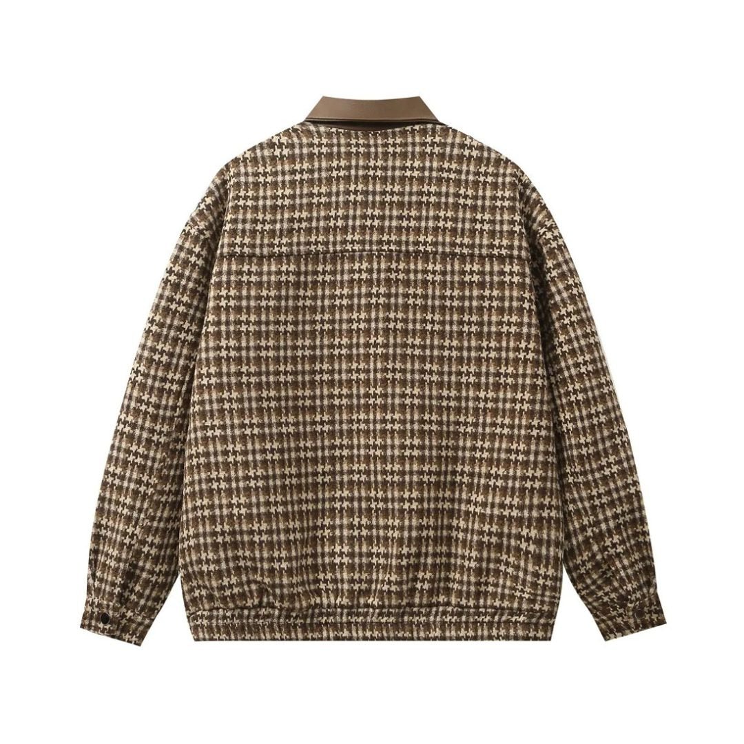 Plaid-Pattern Mid-length Jacket with Leather Collar